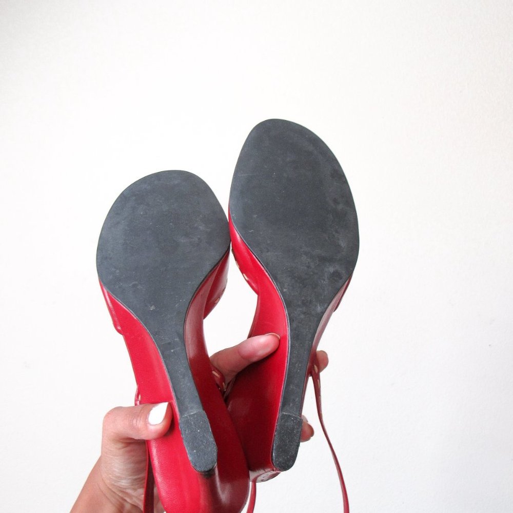 FRANCO SARTO Red Ankle Strap Wedge Heels Open Toe Sandals Sexy Chic Pair! - Picture 11 of 13